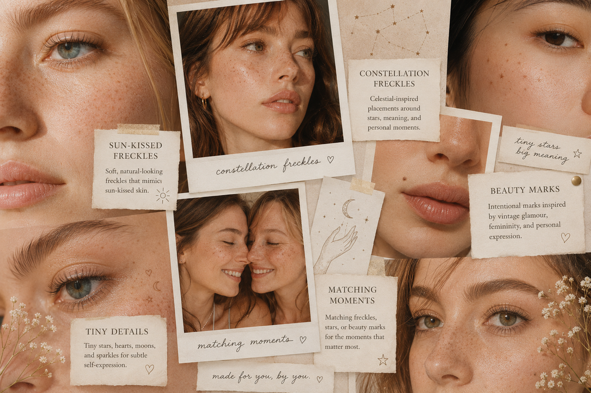 Collage of hand-drawn freckles, beauty marks and tiny tattoos