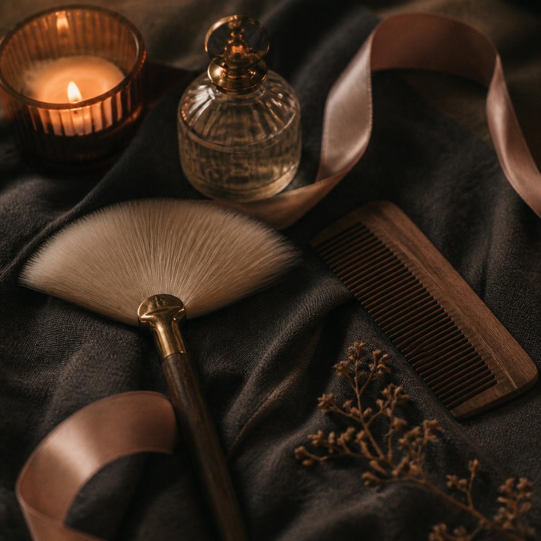 Soft brush, comb, ribbon and candlelight arranged on dark linen